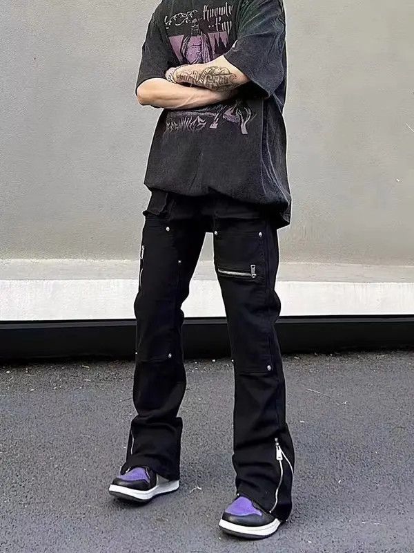 VIBE Street hip-hop irregular zipper workwear micro-flare jeans Size US 33 - 2 Thumbnail