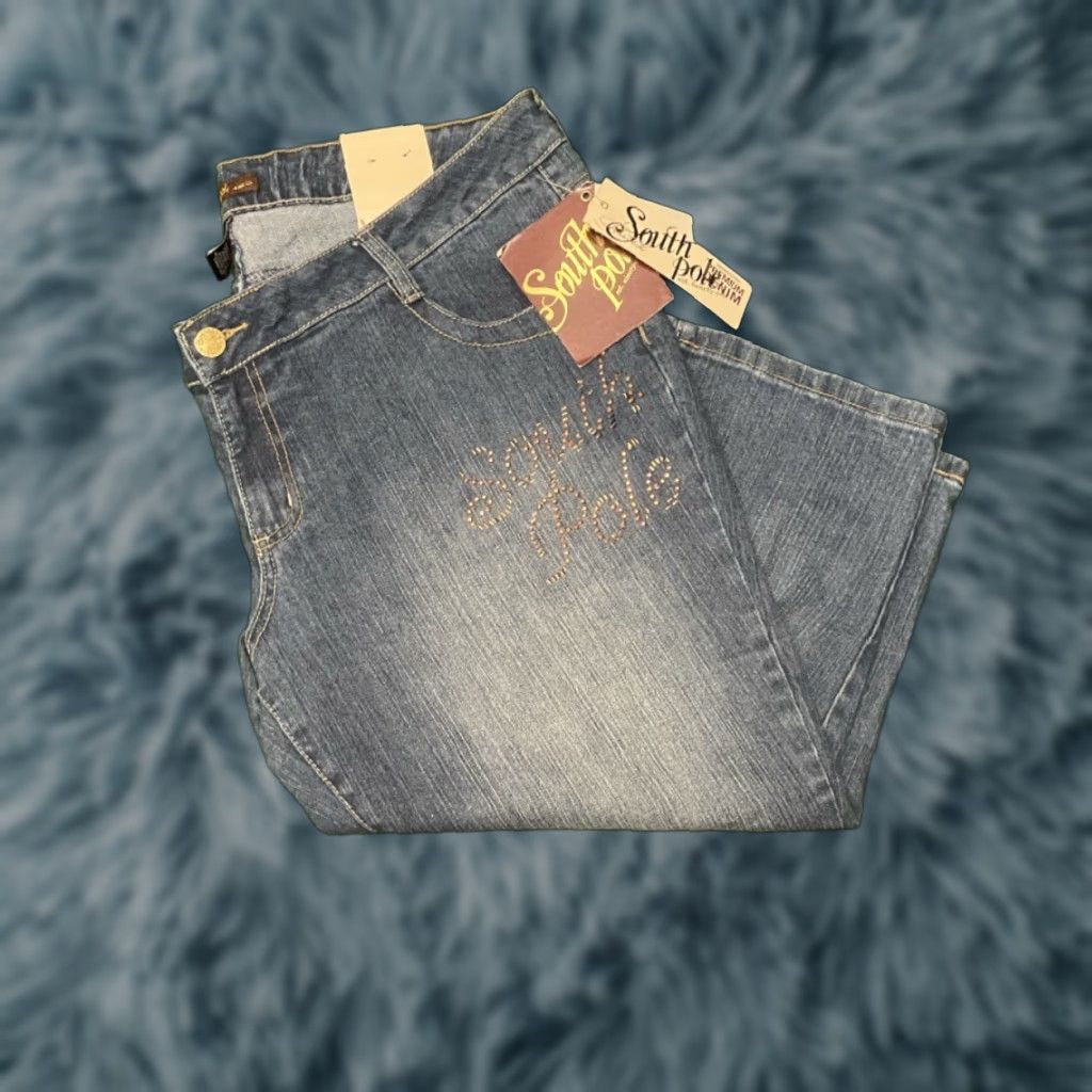 Southpole VINTAGE Southpole Jeans Capri Women 20 Blue Baggy Grunge Hip Hop Y2K Flowers Embroidered Rhinestone Studded Pockets Size 42" / US 20 - 1 Thumbnail