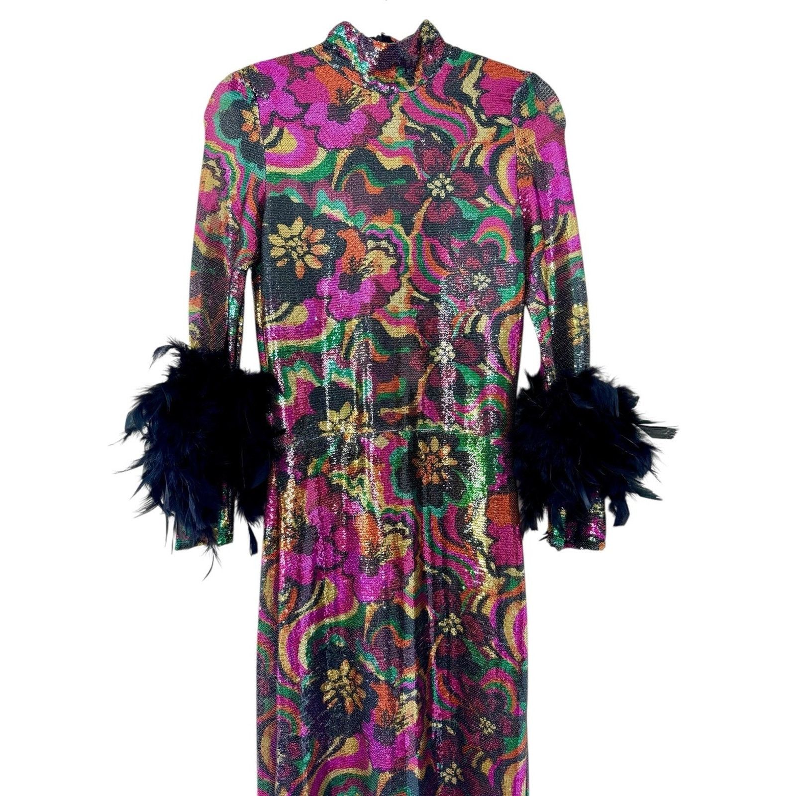 Other JENNIFER GRACE Catroux Sequin Feather Long Dress In Hysteria Size XXS / US 00 / IT 34 - 3 Thumbnail