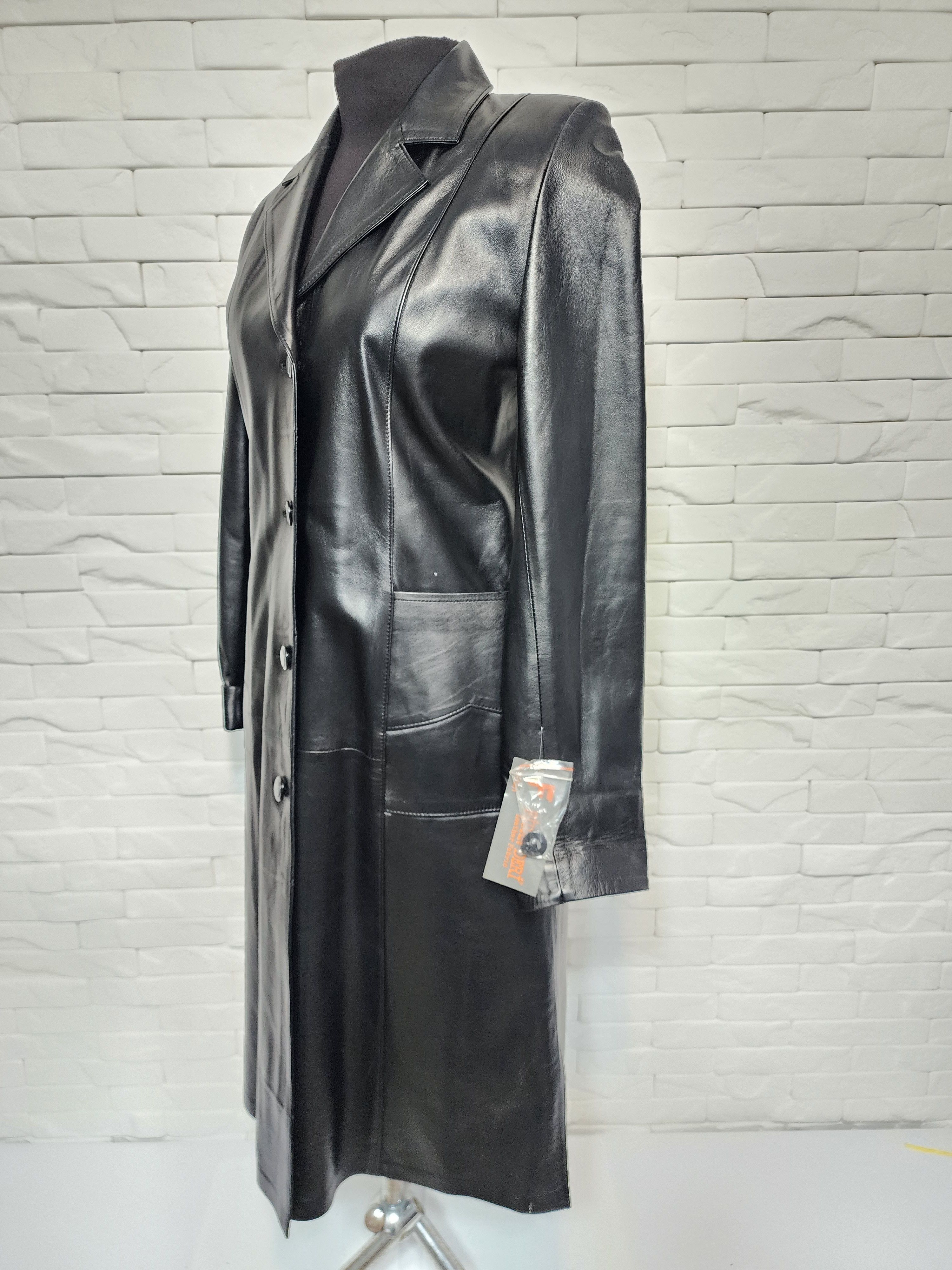 Designer Black Genuine Leather Long Jacket: Elegant Women's Coat Size M / US 6-8 / IT 42-44 - 2 Thumbnail