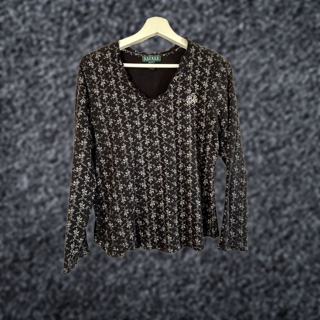Ralph Lauren Lauren Ralph Lauren Womens Floral Waffle Knit Long Sleeve Top V-Neck Black Large Size L / US 10 / IT 46 - 1 Thumbnail