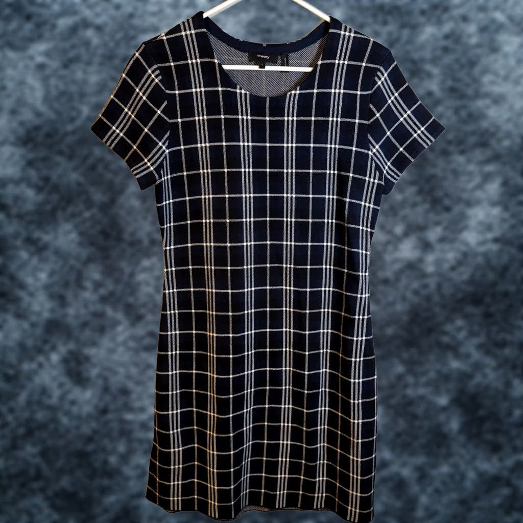 theory knit checkered dress Theory Womens Large Blue Plaid Shift Branteen JP Lustrate type:Swim Cover-ups