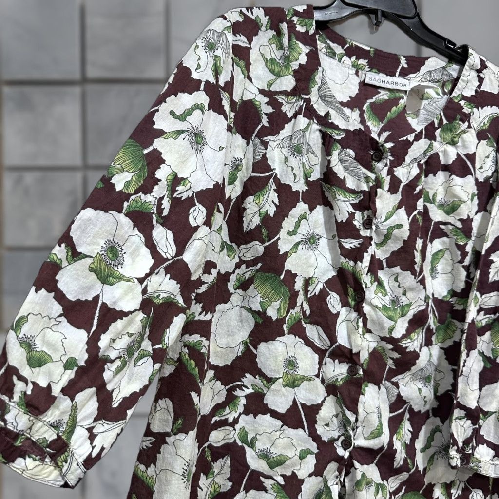Vintage Sag Harbor Shirt Women XL Green Floral 100% Cotton Tunic Top Garden Casual Blouse Long Sleeve Button Henley Collarless Size XL / US 12-14 / IT 48-50 - 1 Thumbnail