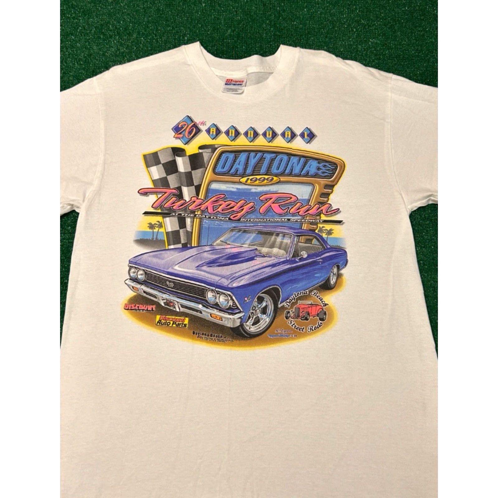 NASCAR VINTAGE Daytona Turkey Run 1999 Classic Car Chevelle NASCAR Racing Shirt L Mens White 90s Cars Vintage Shirt Size US L / EU 52-54 / 3 - 3 Thumbnail