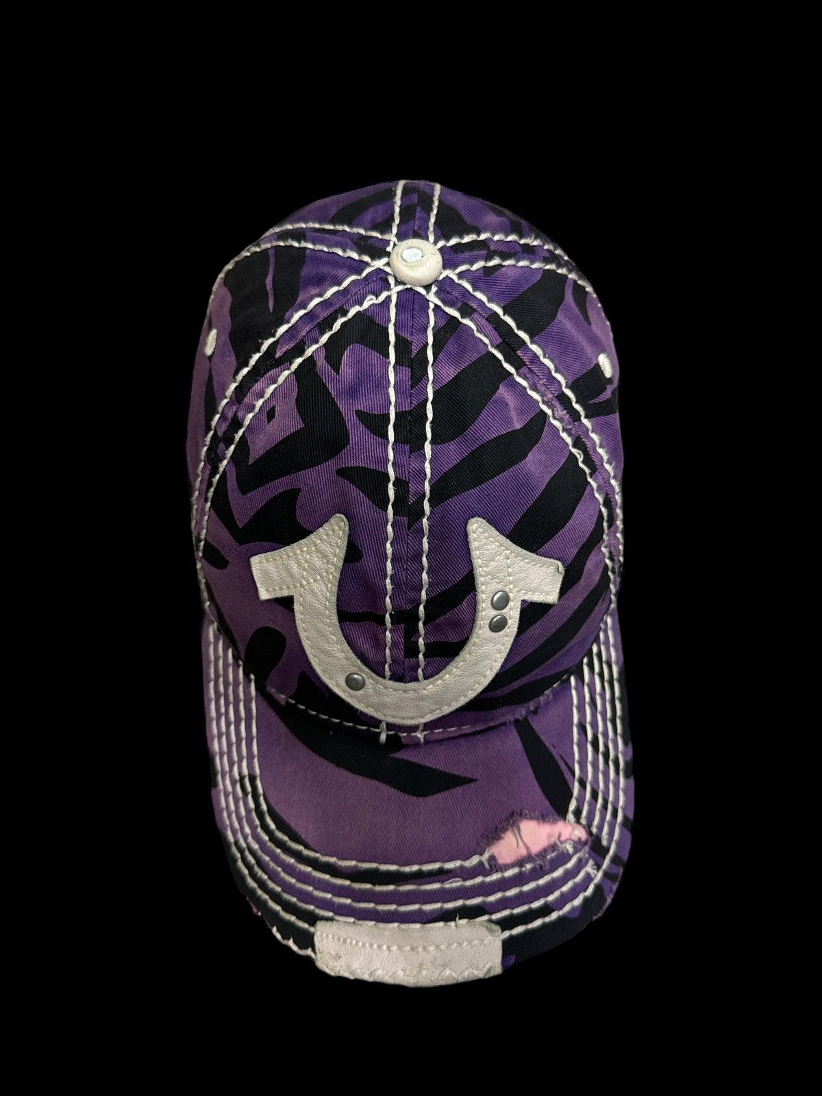 image of Trucker Hat x True Religion VTG Leather Patch Purple Camo Distressed Destroyed Cap Hat in Brown