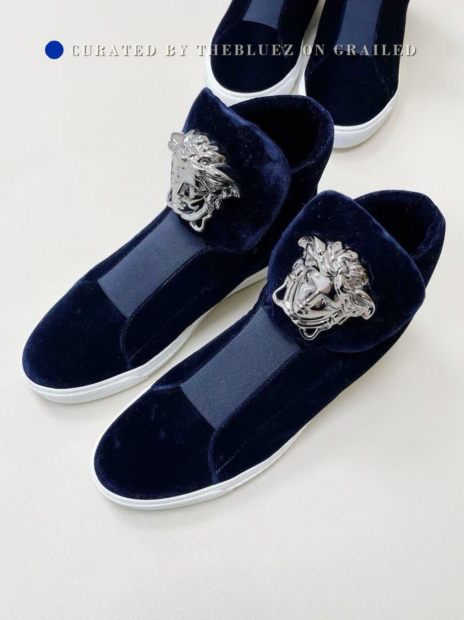 blue versace dress shoes Versace Velvet High-Top Medusa Sneakers versace shoes men loafers
