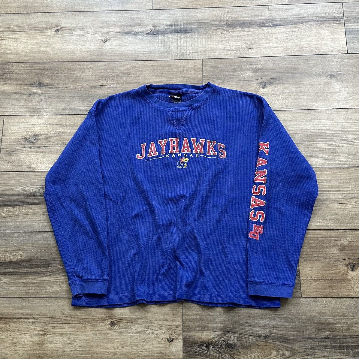 NCAA Vintage 90s Kansas Jayhawks Blue Long Sleeve Thermal Size US XL / EU 56 / 4 - 1 Thumbnail