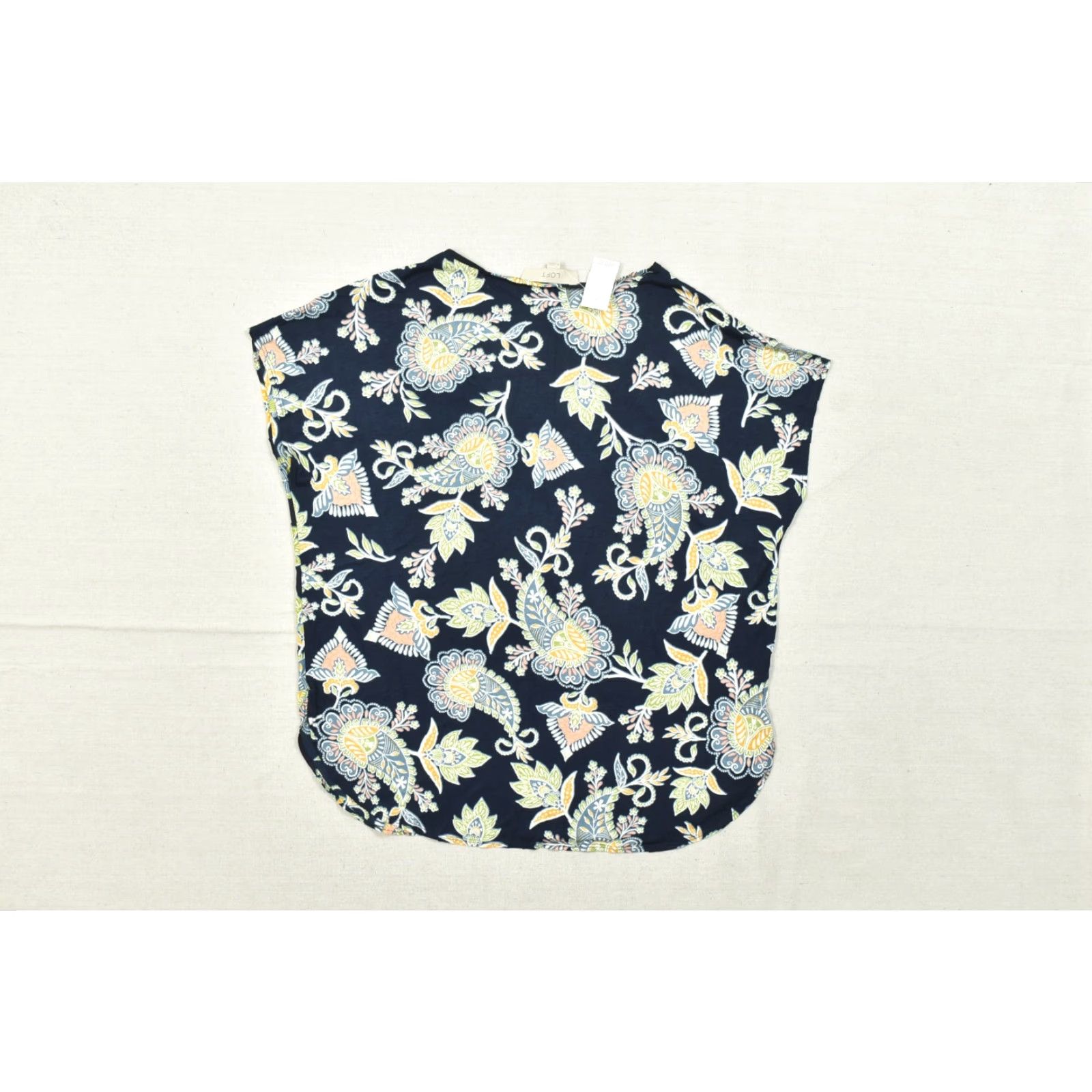 Loft LOFT Navy Paisley Floral Knit Rayon Blend V-Neck Short Sleeve Blouse, M, Women, Regular, Blue, Casual, Pullover, Basic Shirt Size 32" / US 10 / IT 46 - 2 Thumbnail