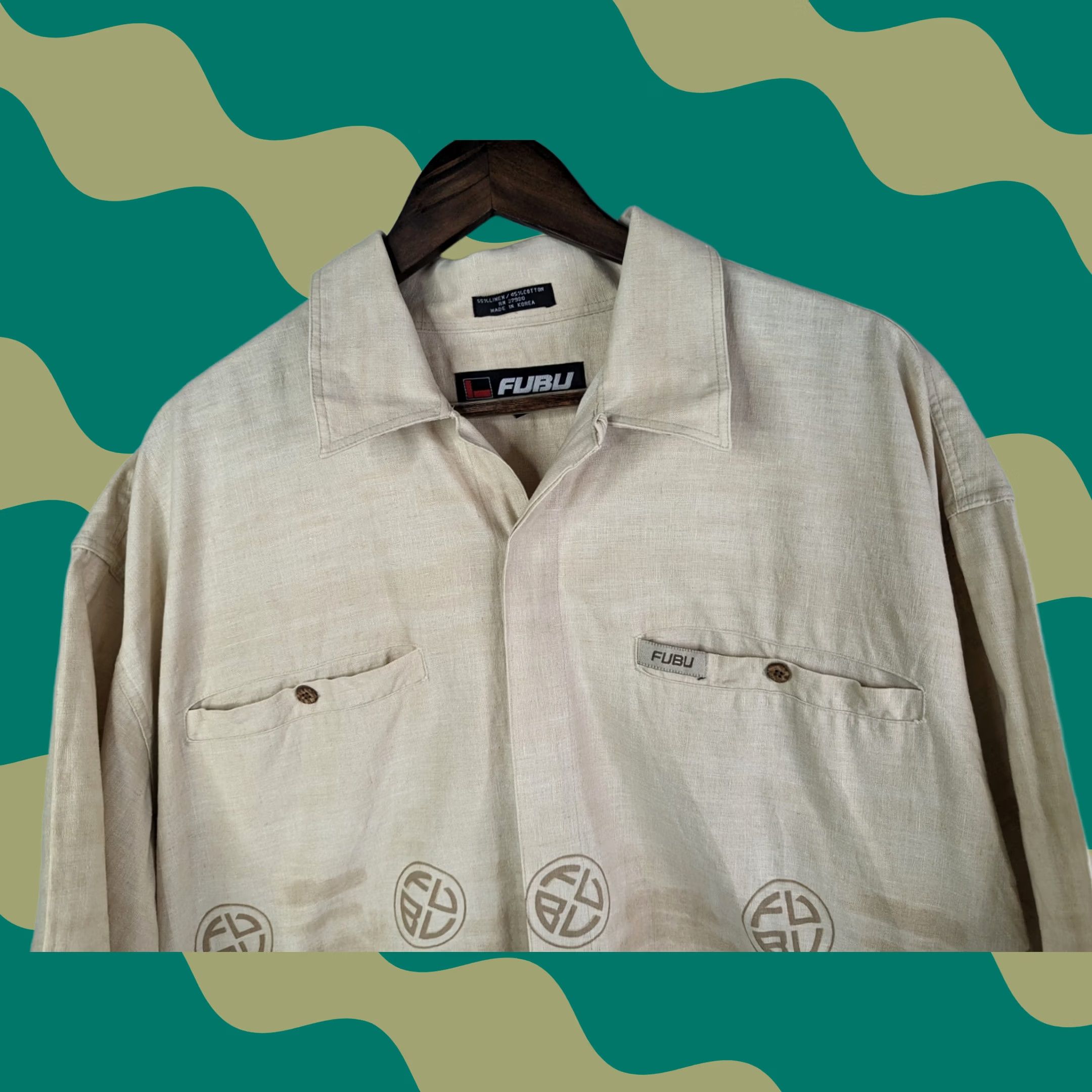 Fubu FUBU Shirt Dragon Beige Linen 2XL Short Sleeve Button-Up Collared Logo Fantasy Print Mens Size US XXL / EU 58 / 5 - 1 Thumbnail