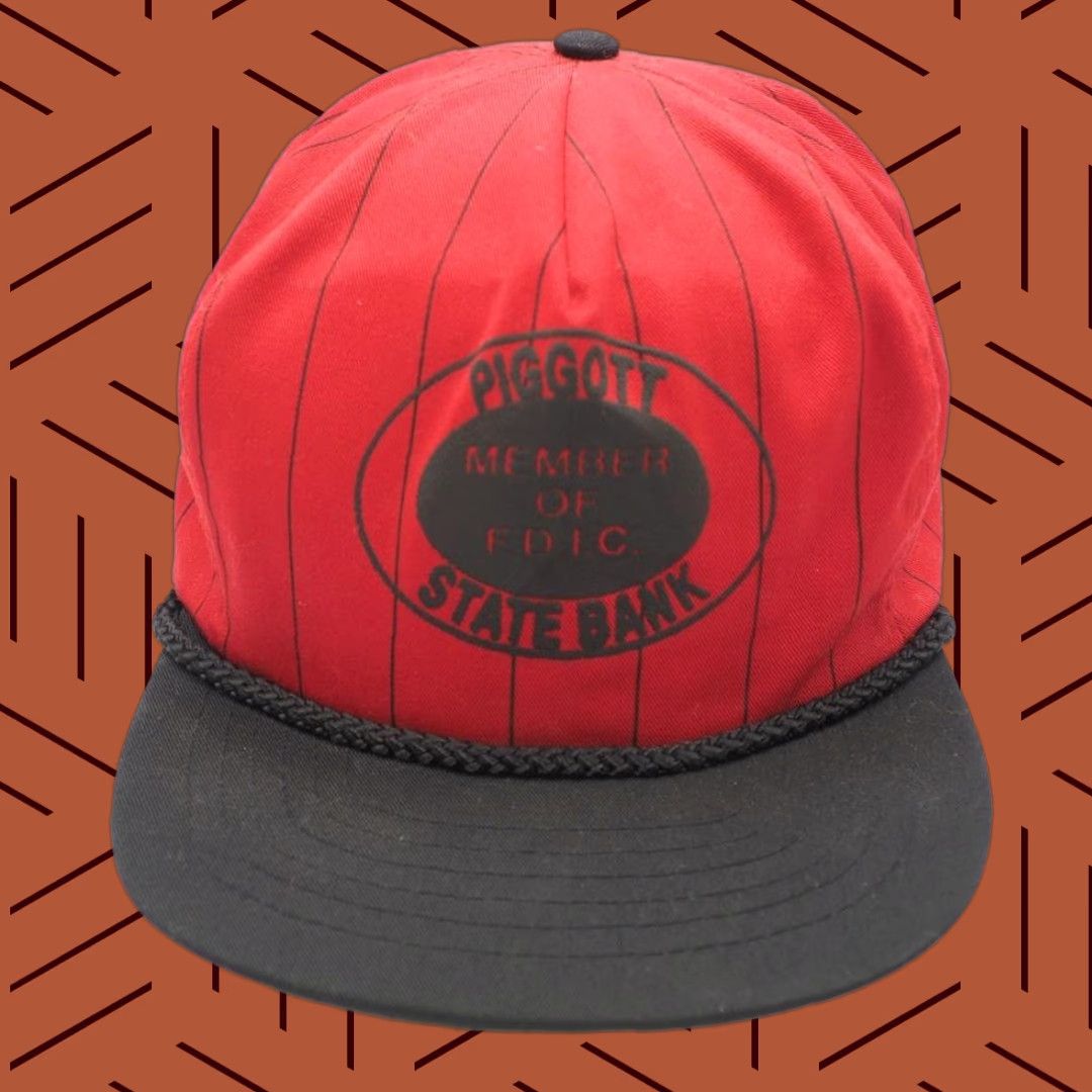 Vintage VINTAGE Snapback Trucker Hat Cap Piggott State Bank Pinstripe 1980s Red Adjustable Adults Mens Size ONE SIZE - 1 Thumbnail