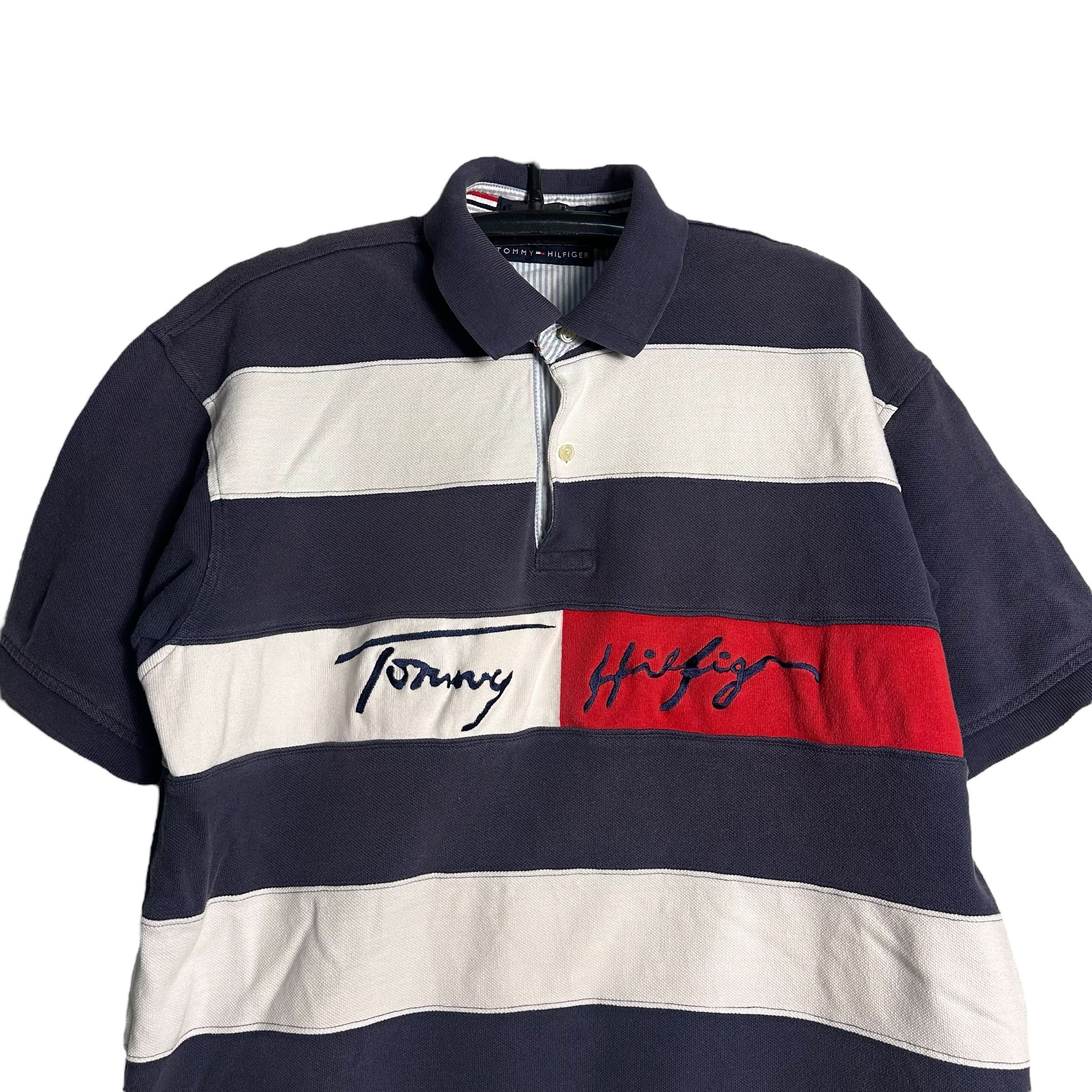 Tommy Hilfiger 🔥RARE🔥Vintage Tommy Hilfiger Spell Out Stripes Polo Shirt Size US L / EU 52-54 / 3 - 2 Thumbnail