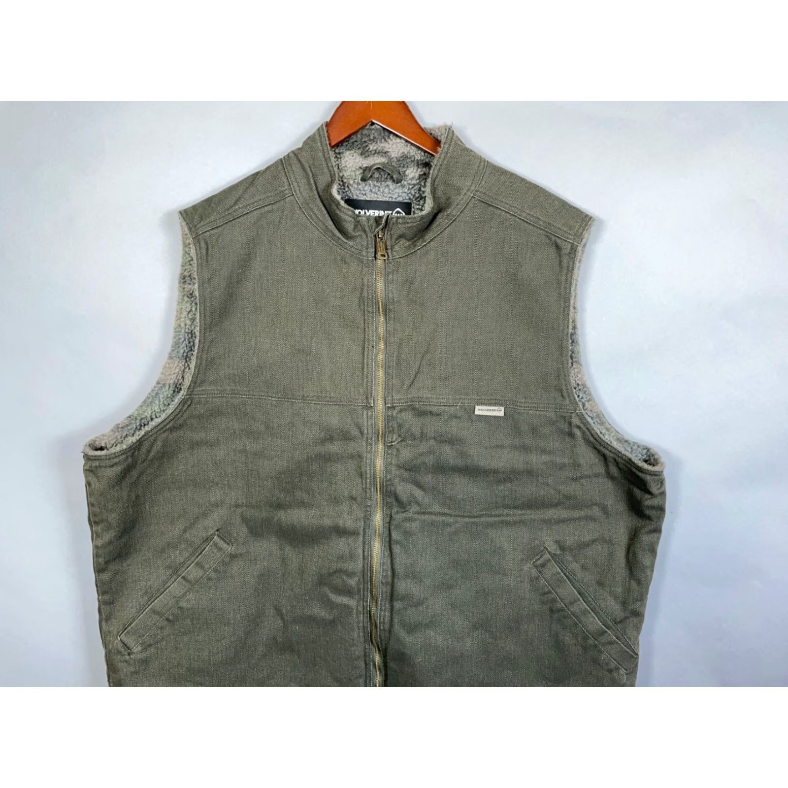 Olive Wolverine Sherpa Lined Zip Up Denim Vest Adult 3XL Olive Green Camo Lining Size US XXL / EU 58 / 5 - 7 Thumbnail