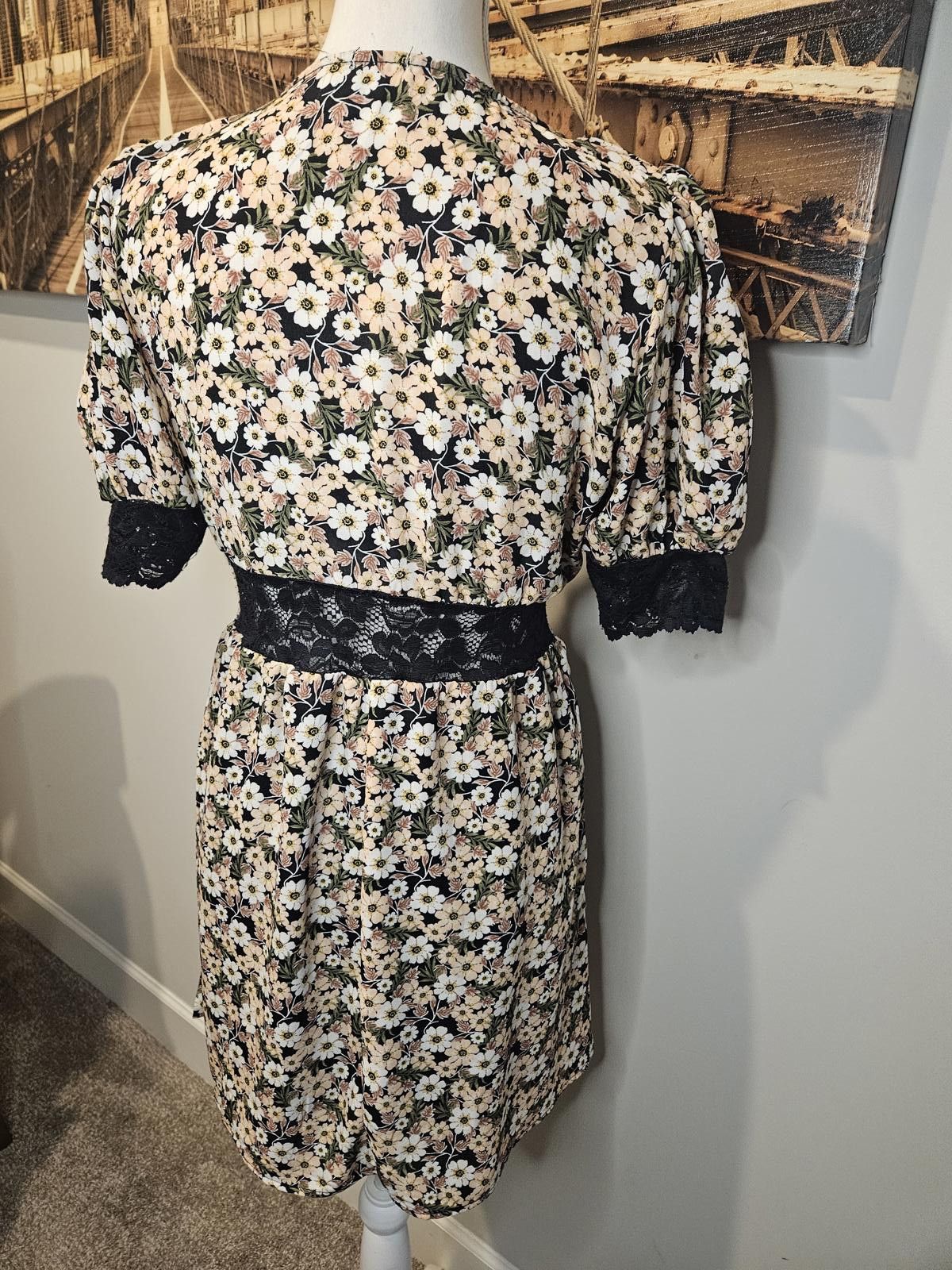 Designer 3rd + Malt Floral Print Dress with Lace Waistline #406 Size L / US 10 / IT 46 - 4 Thumbnail