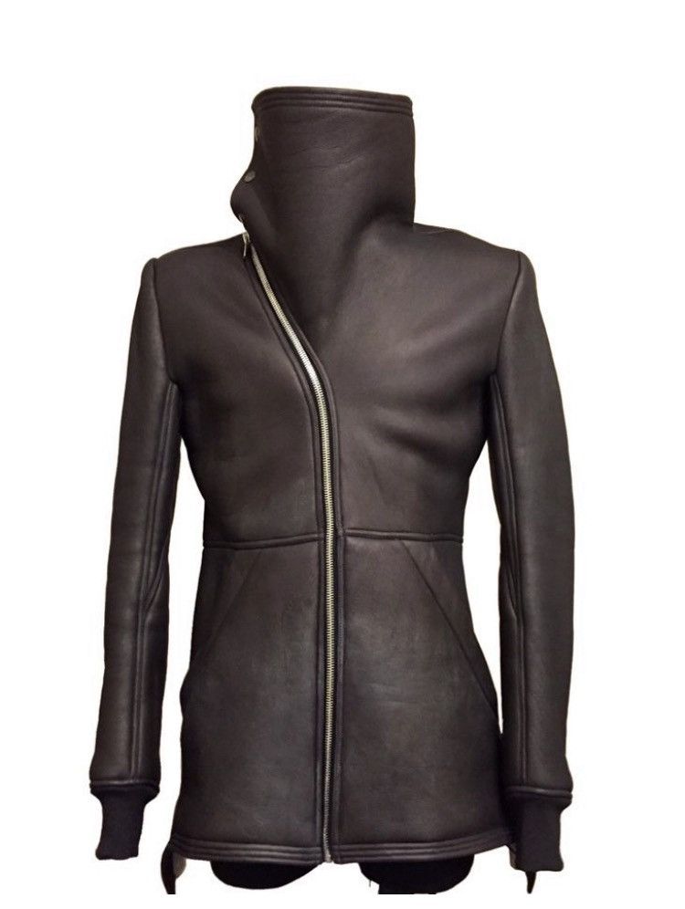 Rick Owens Shearling Leather Biker Asymmetric Zip Up Jacket