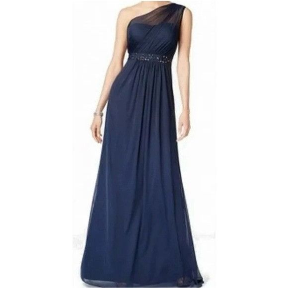Adrianna Papell Women's One Shoulder Evening Dress - Sheer Overlay, Blue, Size 6, Formal Gown - View #9