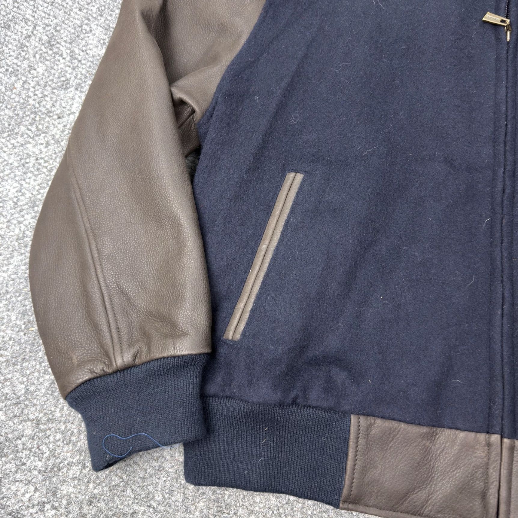 Vintage VINTAGE Reilly Olmes Jacket Mens L Wool Leather Bomber Zip Navy Brown Size US L / EU 52-54 / 3 - 4 Thumbnail