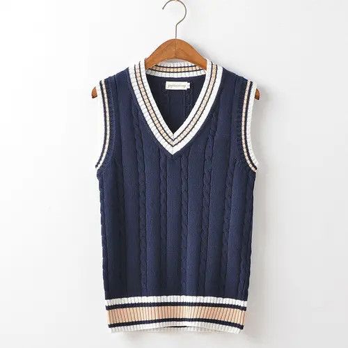 image of Sweater Vest Men Thicken V-Neck Sleeveless Knitted in Blue (Size Small)