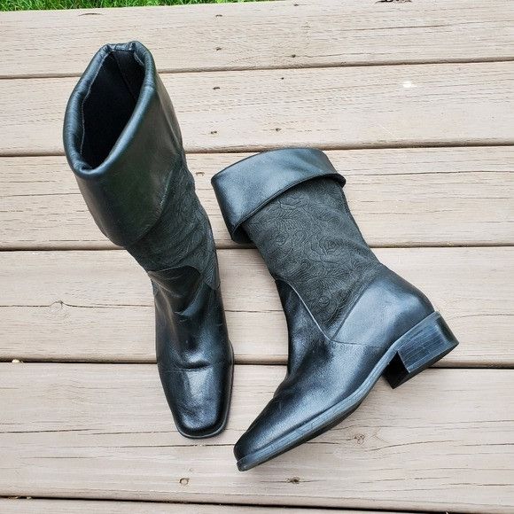 Vintage Vintage 90s y2k Black Floral Leather Fold Over Chunky Boots Size US 8.5 / IT 38.5 - 1 Thumbnail
