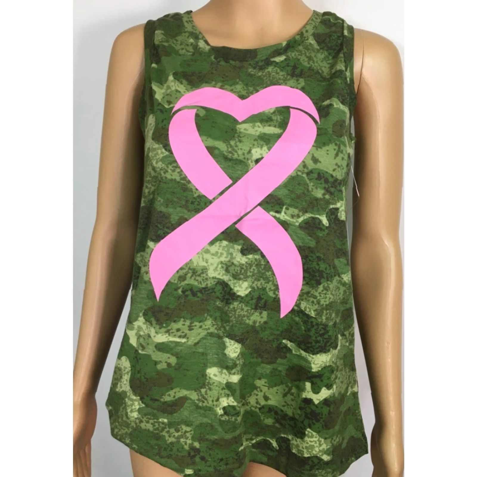 Olive Live Breathe Fight Womens Tank Top Green Camouflage Pink Ribbon Crew Neck S New Size S / US 4 / IT 40 - 2 Thumbnail