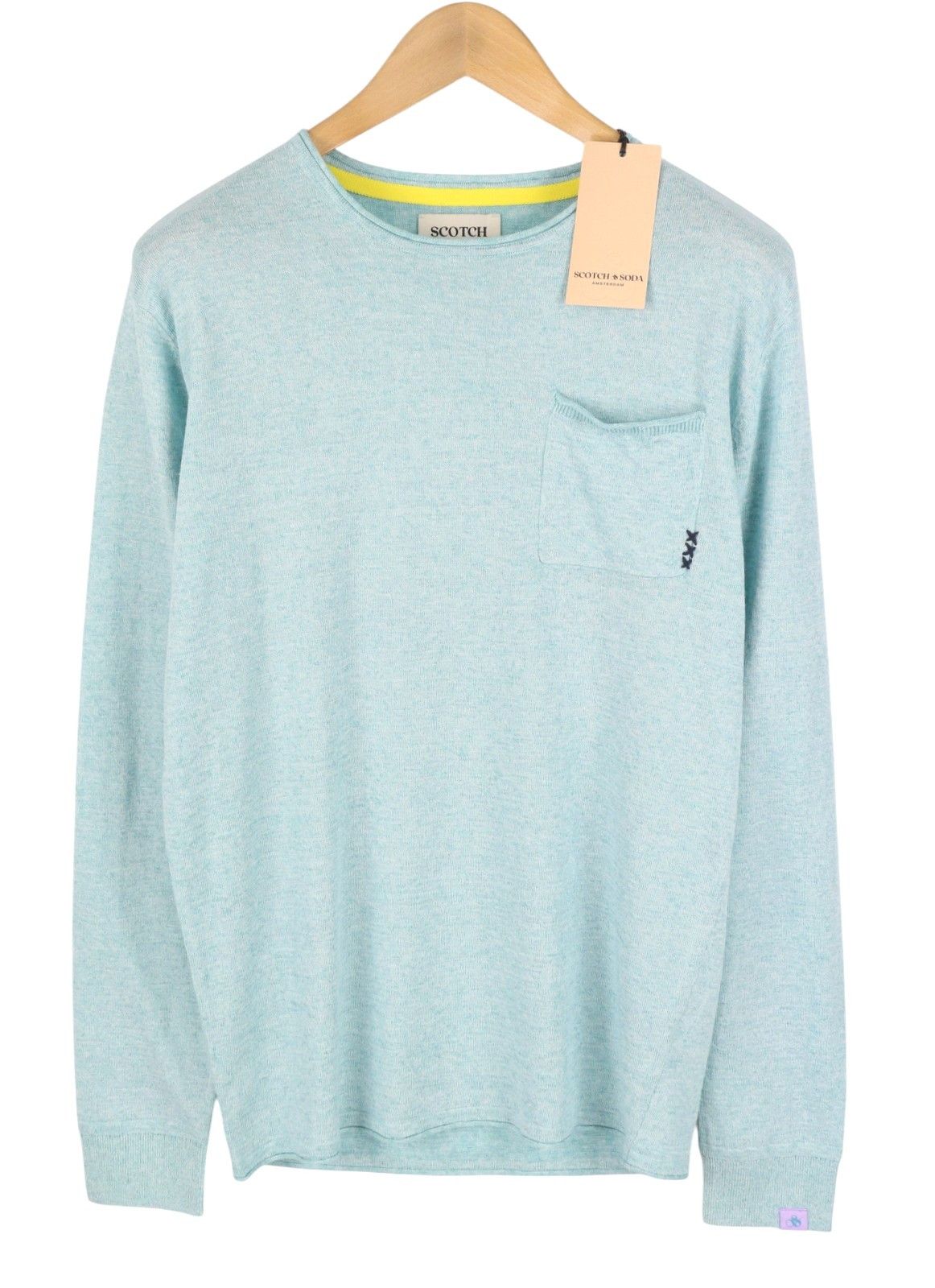 Scotch & Soda M Blue Melange Linen Blend Knit Patch Pocket Pull On 91035 Size US M / EU 48-50 / 2 - 2 Thumbnail