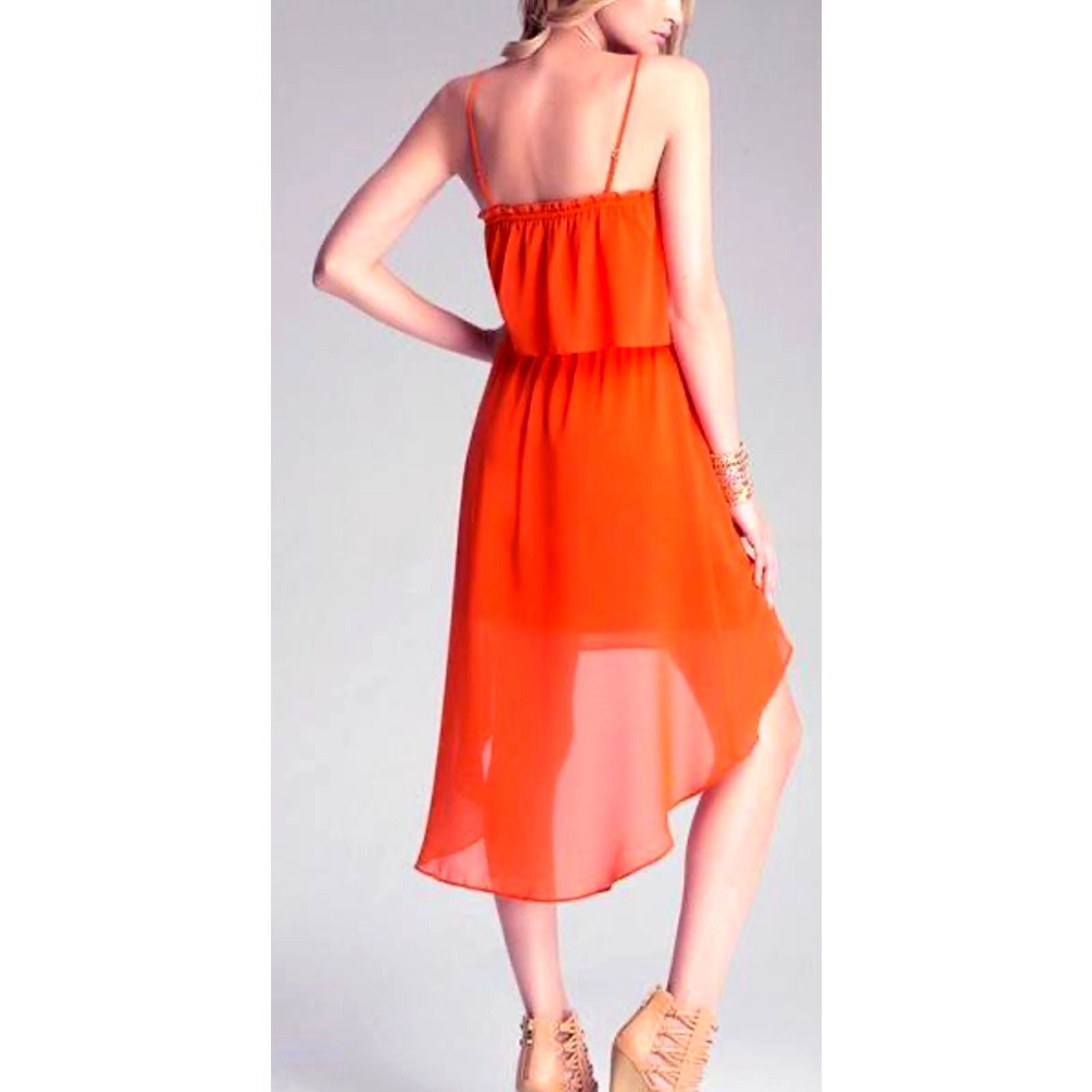 Bebe Bebe Square Neck High Low Chiffon Sleeveless Dress Orange L Size L / US 10 / IT 46 - 3 Thumbnail