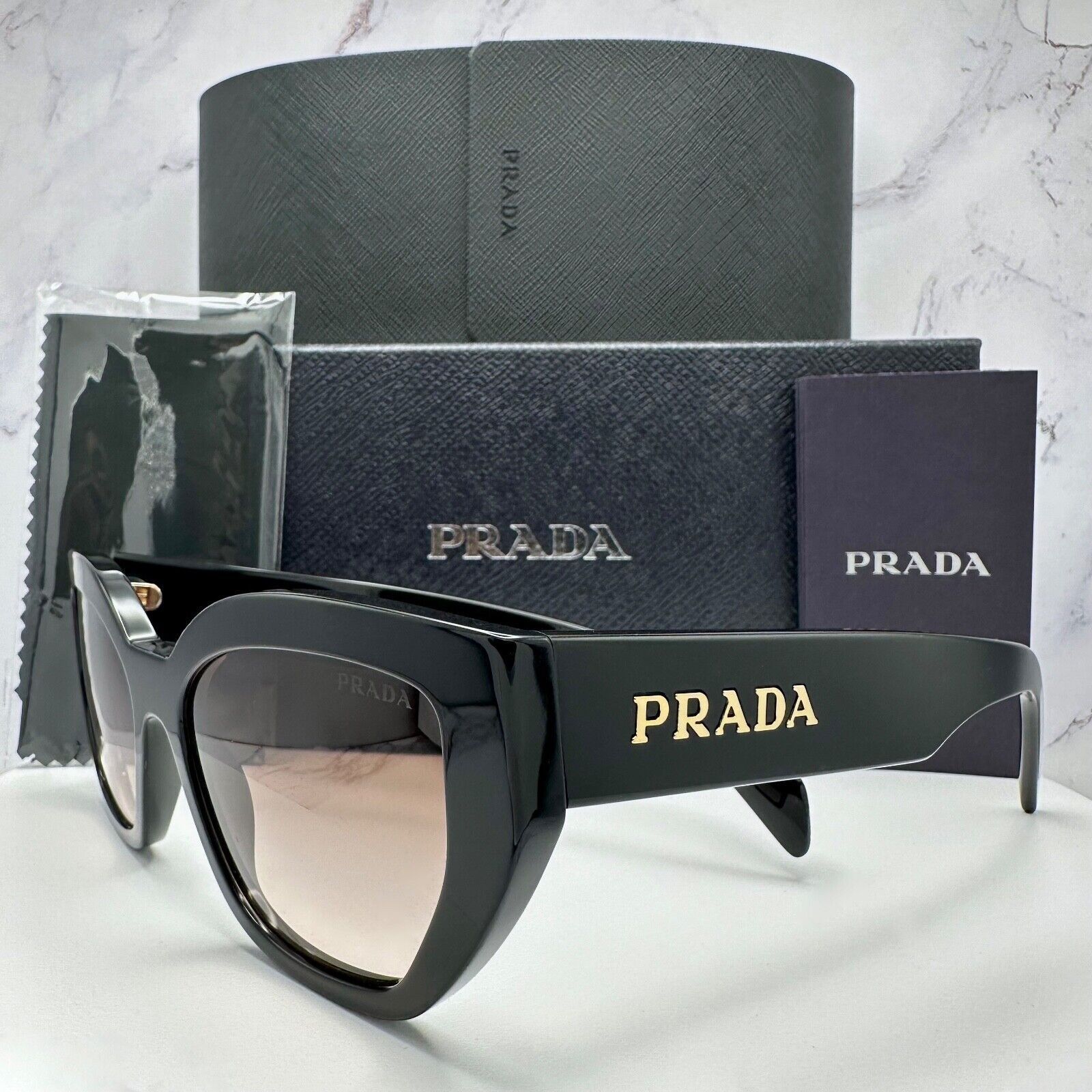 Prada New Prada Black Sunglasses Cat Eye Gold PRADA Metal Logo Size ONE SIZE - 10 Thumbnail