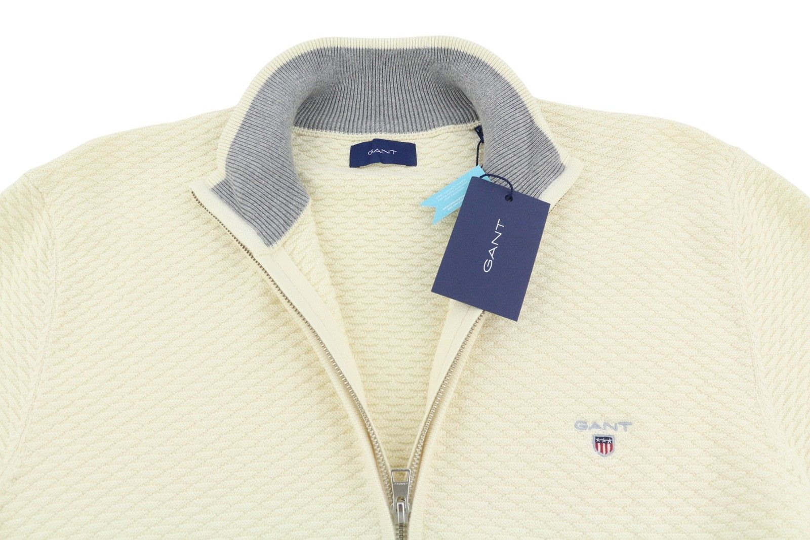 Gant TRIANGLE TEXTURE FULL ZIP XL Cream Stretch Jumper 87318 Size US XL / EU 56 / 4 - 5 Thumbnail