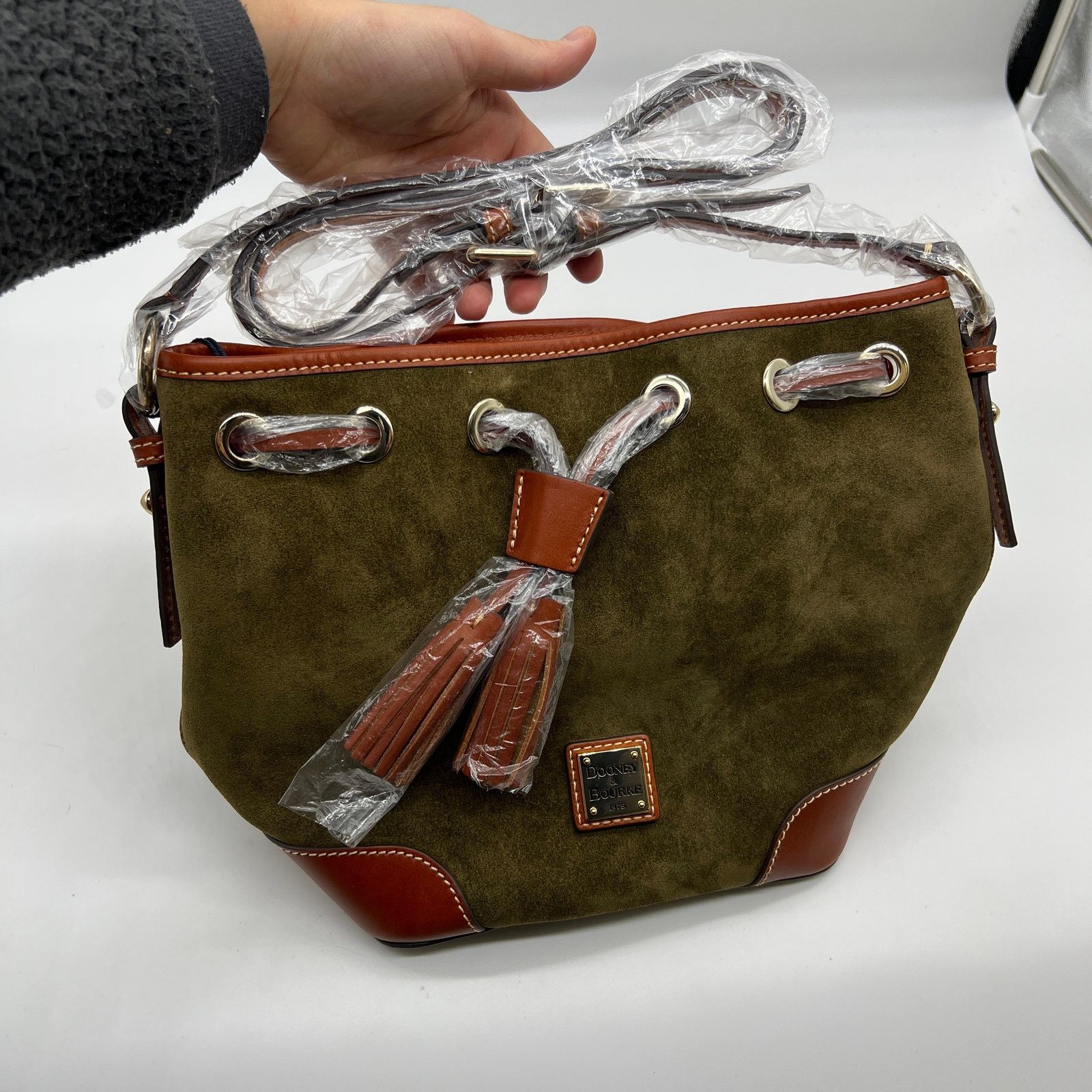 Dooney Bourke Suede Drawstring Crossbody Olive