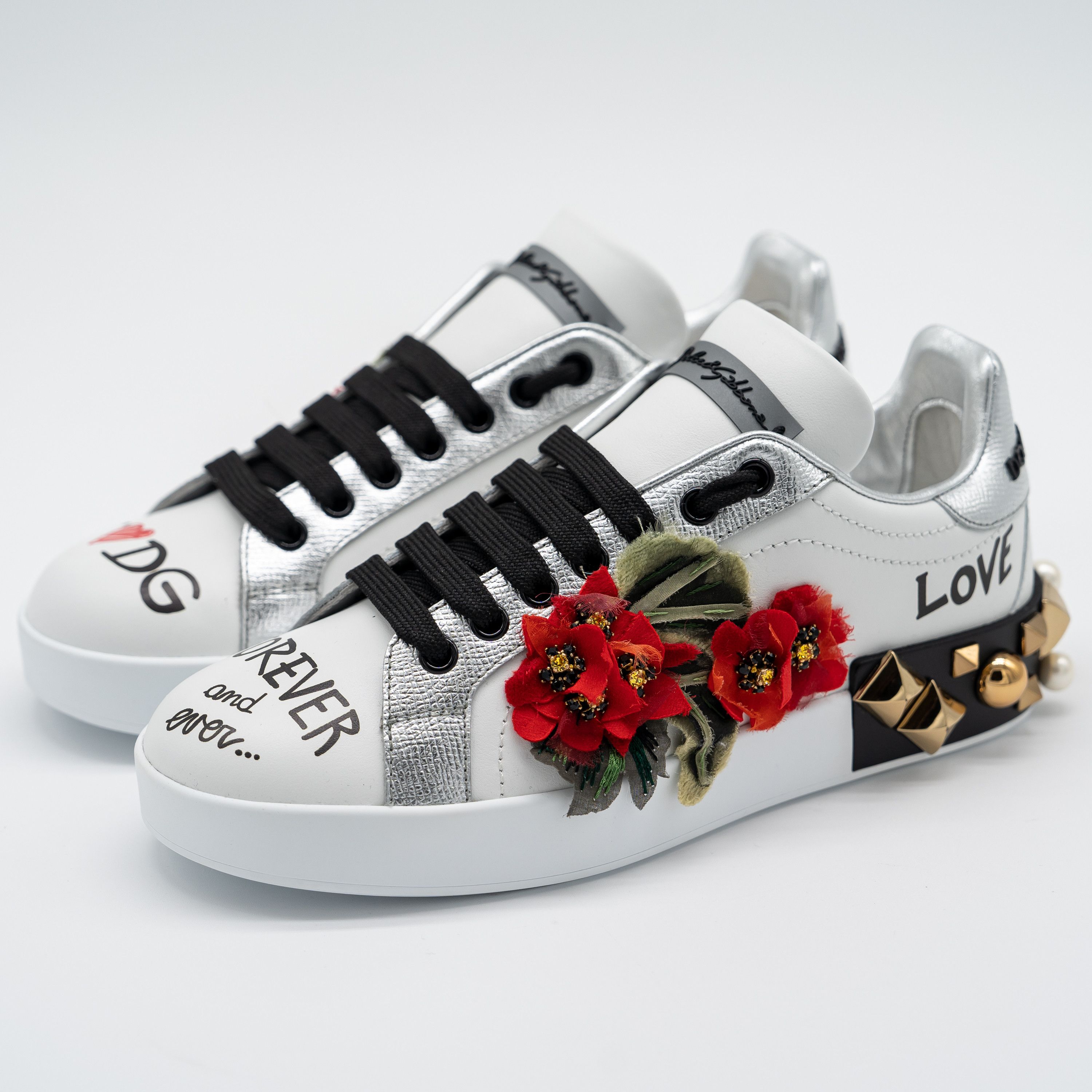 Dolce & Gabbana DOLCE & GABBANA White Portofino Floral Studded Sneakers Size US 6 / IT 36 - 1 Thumbnail