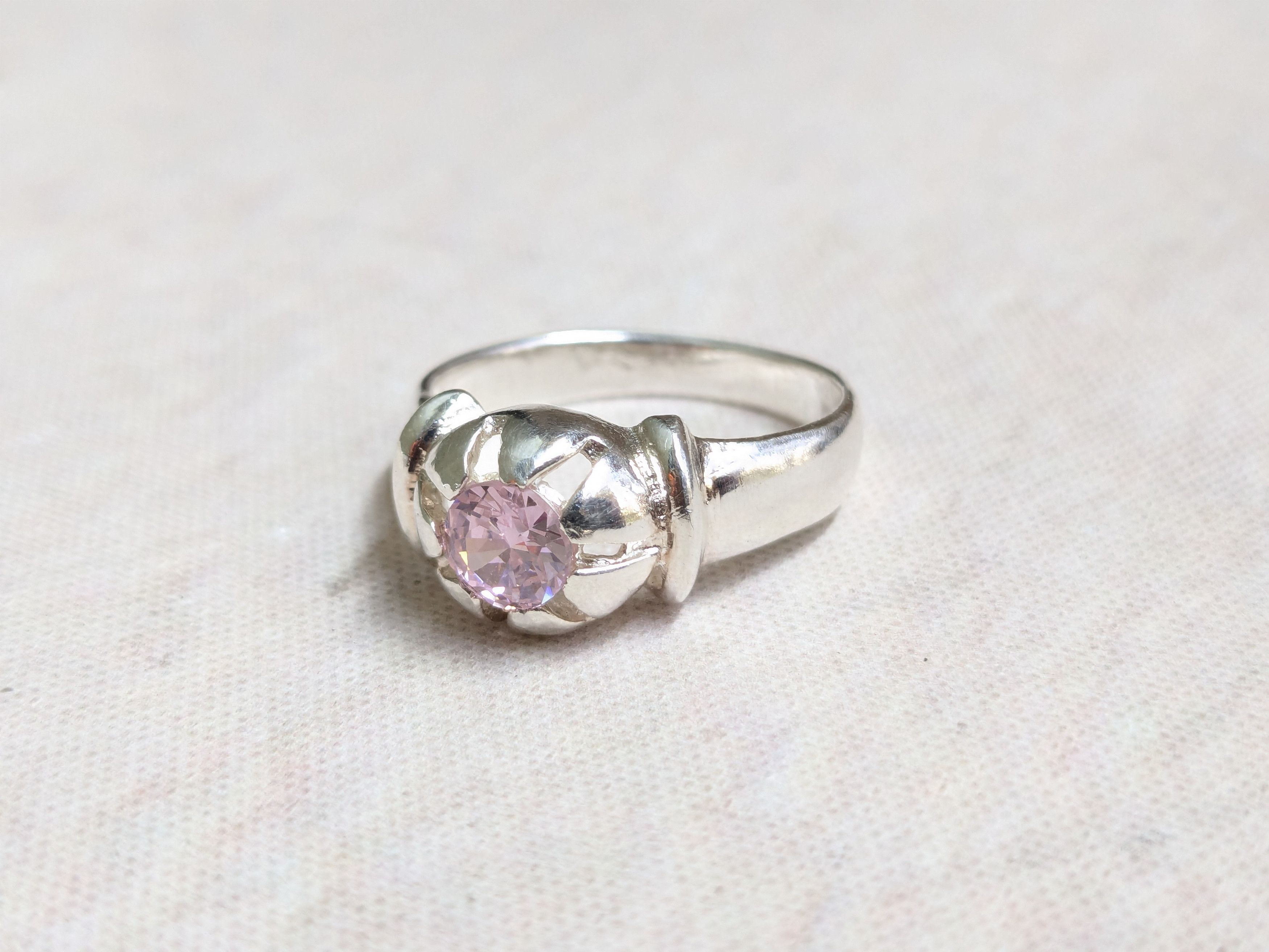 Jewelry Sterling Silver Ring Pink CZ Round Faceted Band Size ONE SIZE - 2 Thumbnail