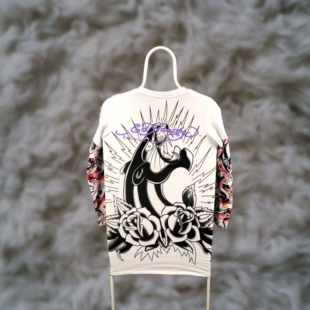 Ed Hardy Ed Hardy Women's T-Shirt Size L White 100% Cotton Long Sleeve V-Neck Rhinestone Signature Logo Rose Casual Shirt Womens Size L / US 10 / IT 46 - 1 Thumbnail