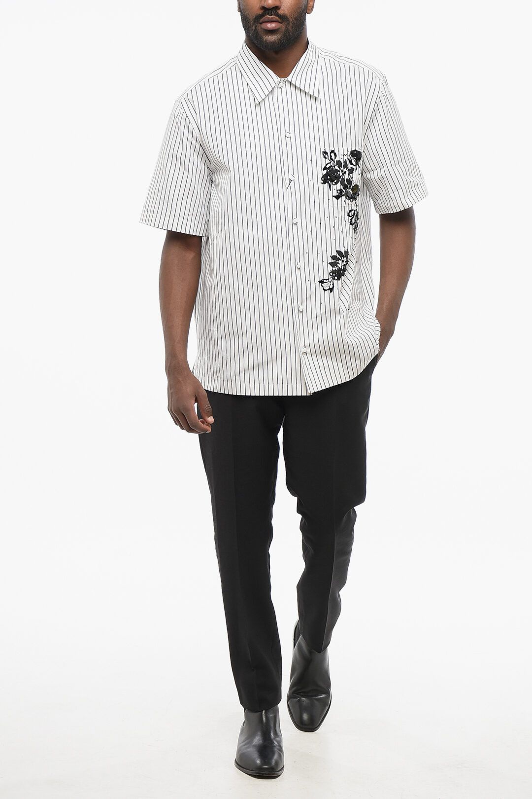 Dolce & Gabbana og1mm0825 Striped Bowling Shirt in White/Black Size US M / EU 48-50 / 2 - 4 Thumbnail
