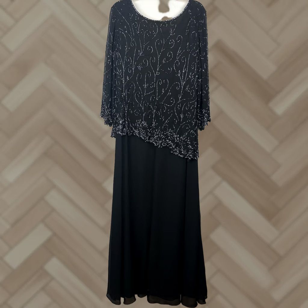 Vintage JKARA Evening Gown Womens 16W Black Chiffon Beaded Wedding Black Tie Event A-Line Long Dress 3/4 Sleeve Round Neck Formal Party/Cocktail Size XXL / US 16-18 / IT 52-54 - 1 Thumbnail