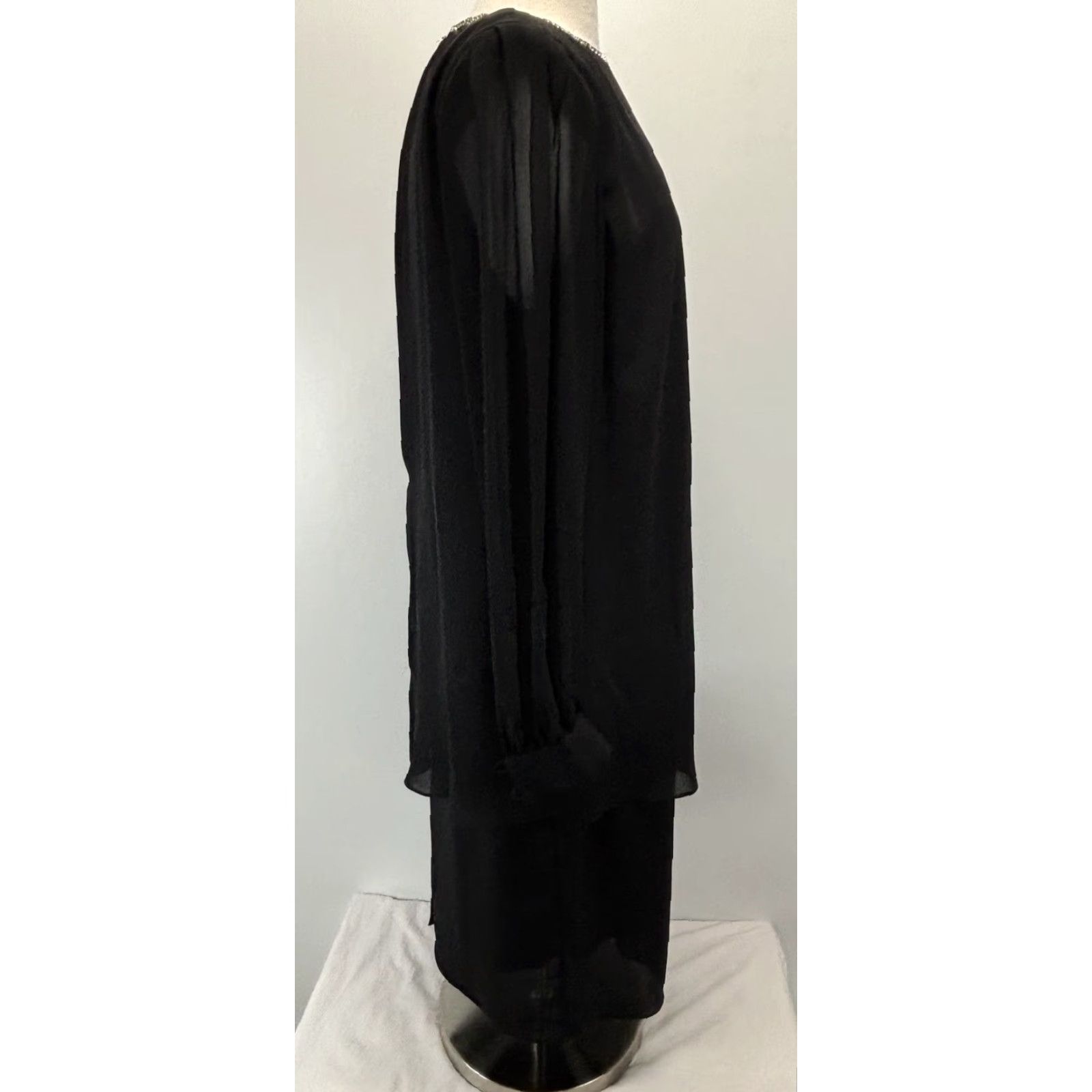 Vintage VINTAGE Patra Chiffon Shift Dress Sz 14 Women’s Black Beaded Neck Sleeves Sheer Midi 90s Party/Cocktail Womens Size XL / US 12-14 / IT 48-50 - 4 Thumbnail