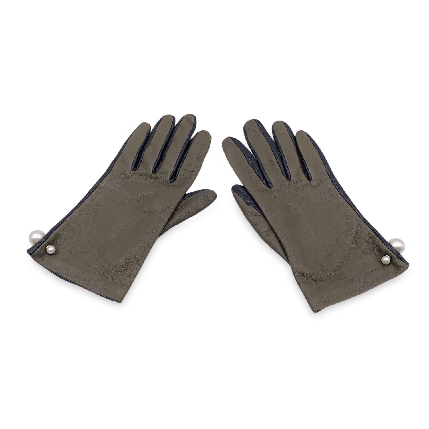 image of Christian Dior Green Black Leather Tribales Pearl Gloves Size 7.5, Women's