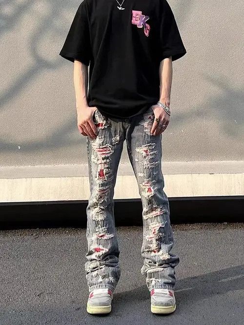 image of Vintage Embroidered Ripped Patch Micro-Flare Jeans in Blue, Men's (Size 32)