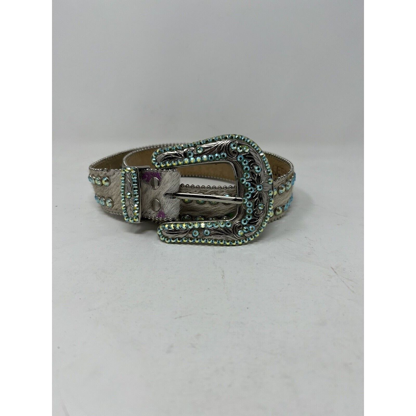 B.B. Simon BB Simon Cowhide Pony Hair Swarovski Crystal Studded Belt Size ONE SIZE - 1 Thumbnail