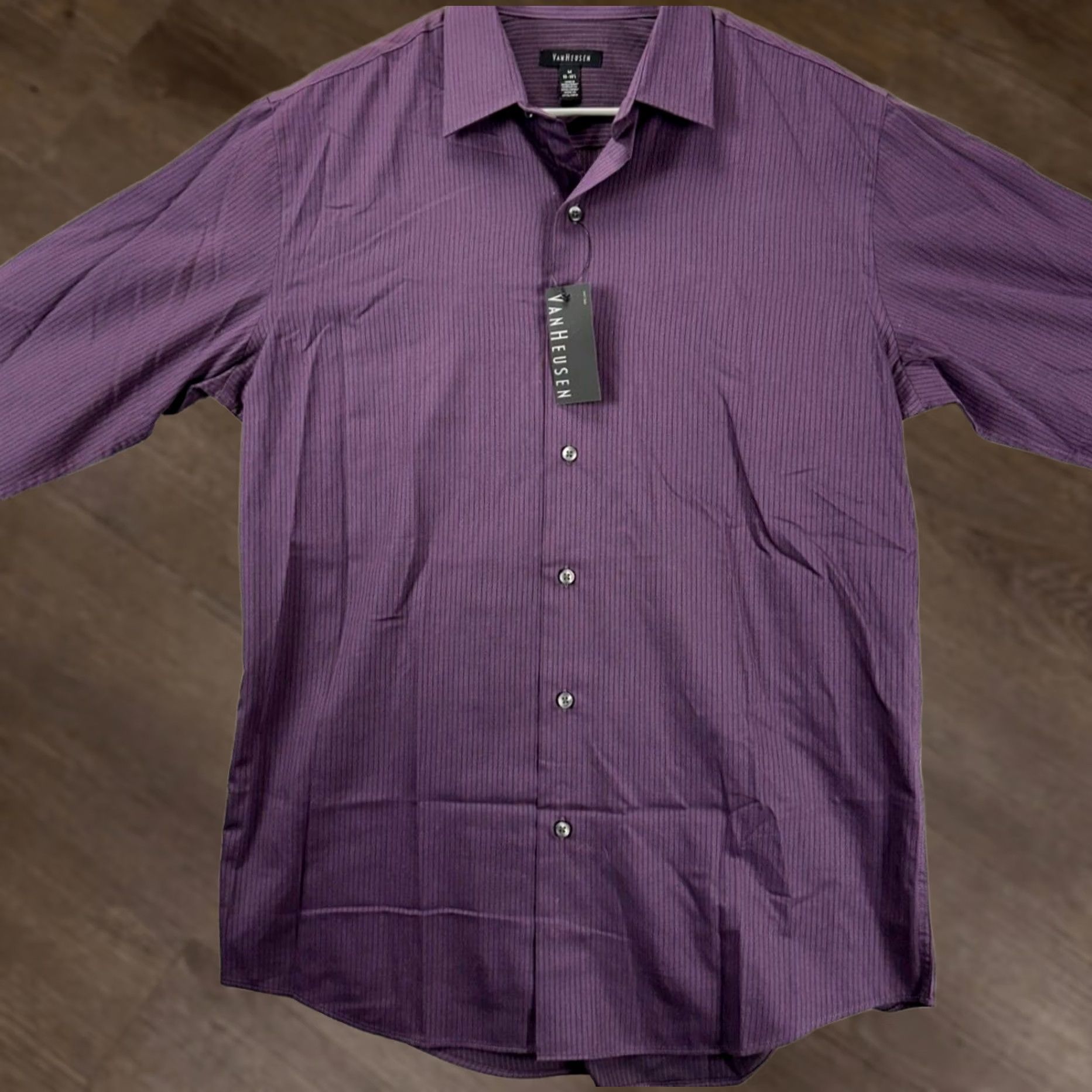 Van Heusen VINTAGE? No. Actually: Van Heusen Dress Shirt Men 15-15.5 Purple Striped Button-Up Shirt Adult Medium NEW Size 40R - 1 Thumbnail