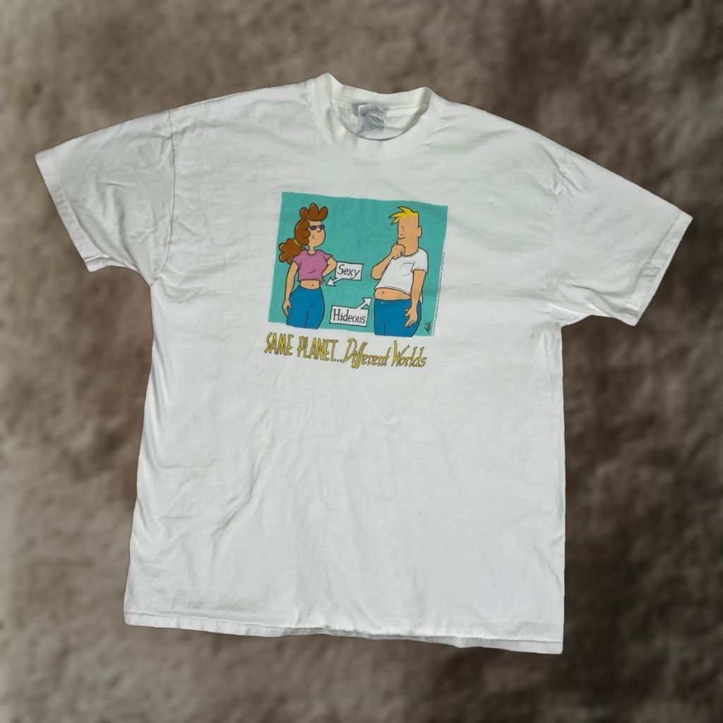 Hanes VINTAGE Hanes T-Shirt Mens XL White 90s Same Planet Different World Funny Comics Size US XL / EU 56 / 4 - 1 Thumbnail