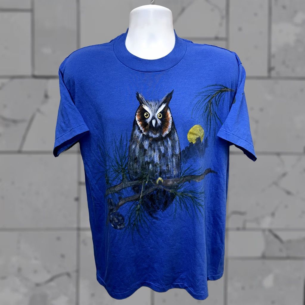 Vintage VINTAGE Oneita Mens T-Shirt XL Blue HAND PAINTED OWL United States Made Single Stitch Shirt Mens Size US XL / EU 56 / 4 - 1 Thumbnail