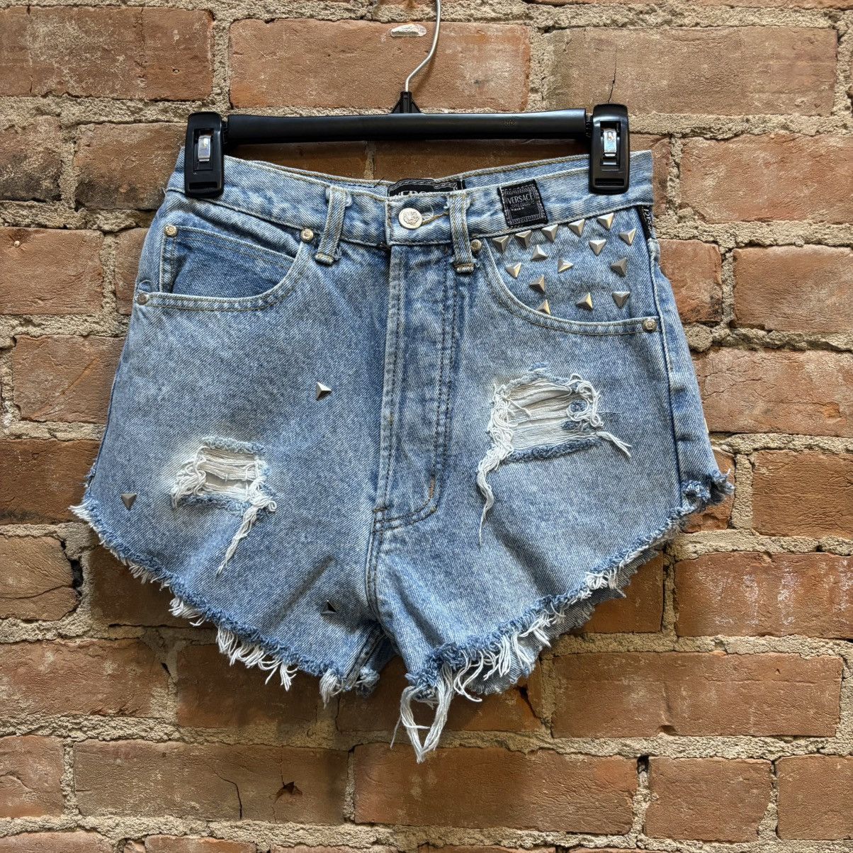 $250 Vintage 90s Versace Studded Denim Shorts