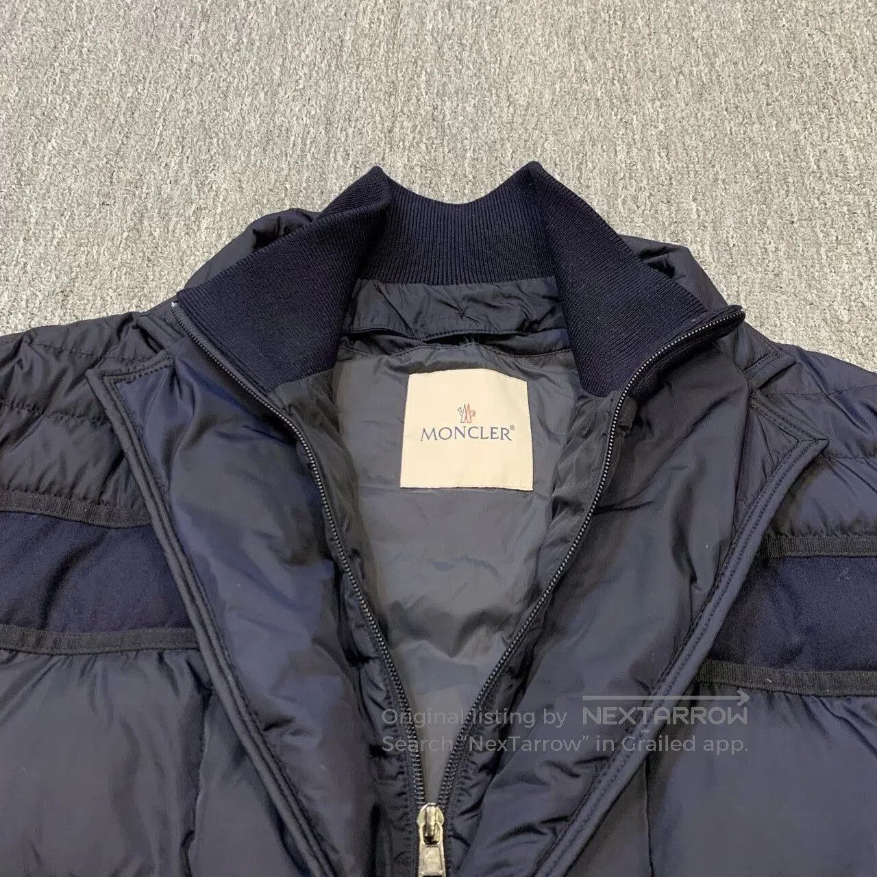 moncler deep blue down jacket with detachable design.