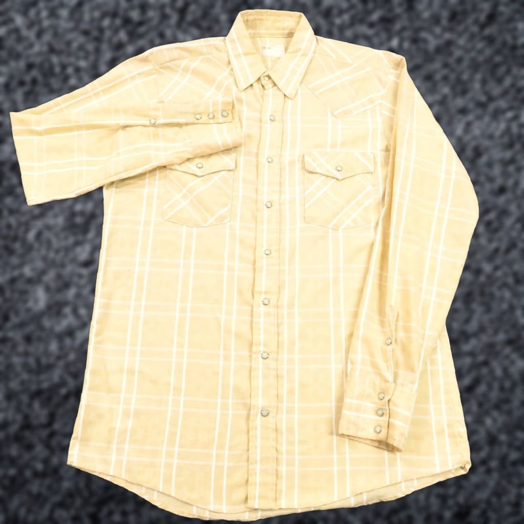 Vintage VINTAGE Key Western Pearl Snap Shirt Mens Large 15.5 Beige Plaid Check 70s USA Shirt Mens L Beige Plaid Western Cowboy Button-Up Snap Pocket Size US L / EU 52-54 / 3 - 1 Thumbnail