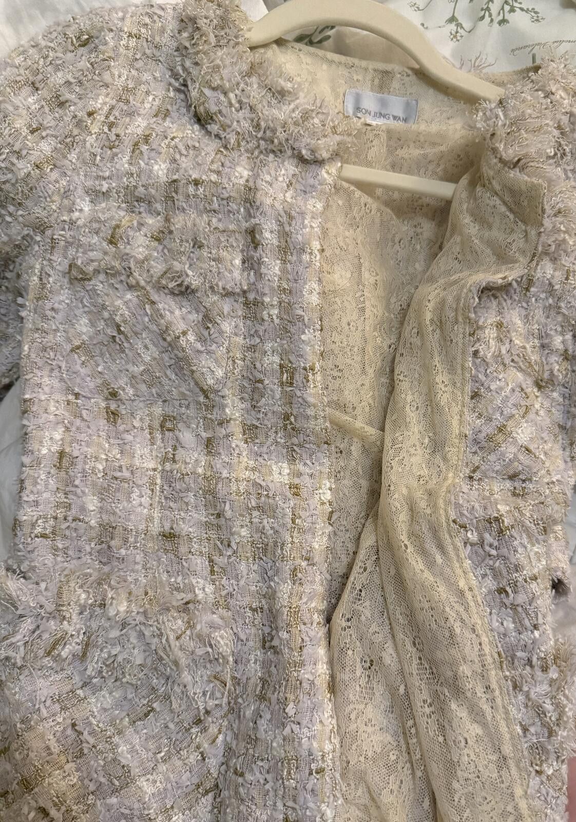 Other Son Jung Wan Beige Textured Tweed Long Jacket with Bow Back Size M / US 6-8 / IT 42-44 - 4 Thumbnail