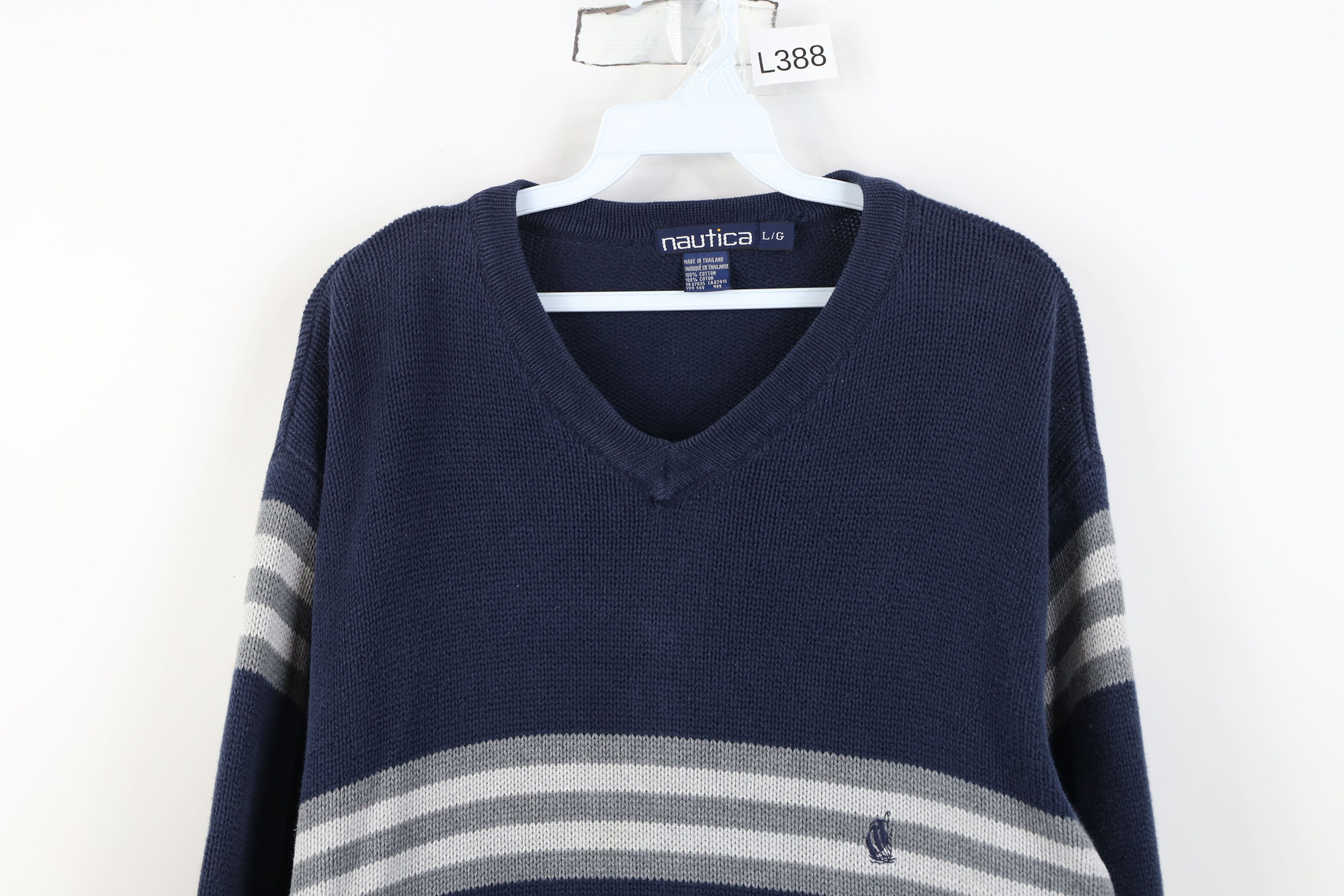 Nautica Vintage 90s Nautica Heavy Cotton Knit Striped V-Neck Sweater Size US L / EU 52-54 / 3 - 2 Thumbnail