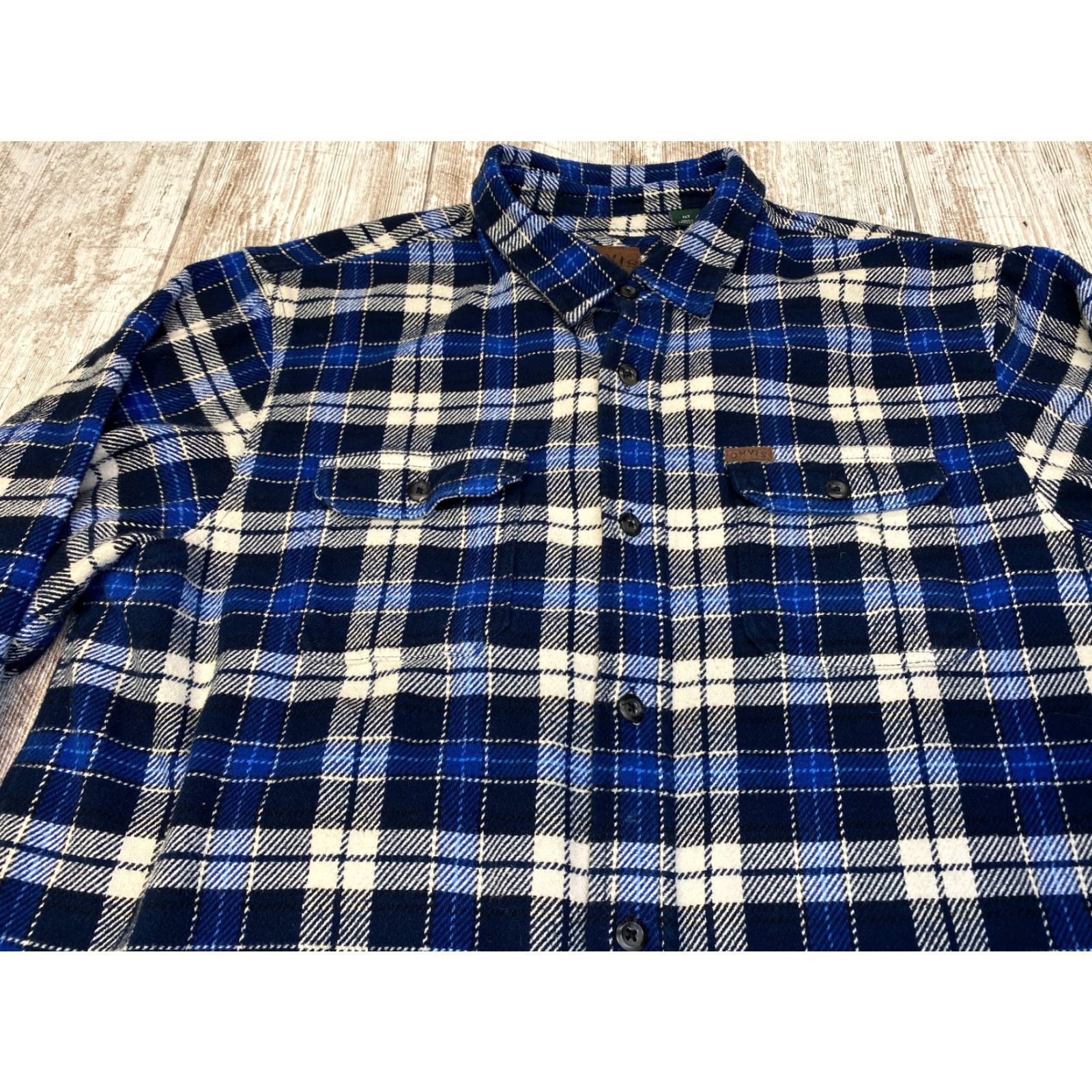 Orvis VINTAGE Orvis Heavy Flannel Shirt Shacket Men’s XLT Blue Black Plaid Double Flap Pockets Size US XL / EU 56 / 4 - 5 Thumbnail