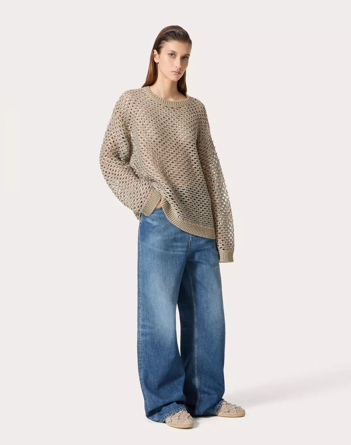 Valentino o1s1wg110525 Linen And Sequins Mesh Pullover in Ecru/Silver Size S / US 4 / IT 40 - 3 Thumbnail