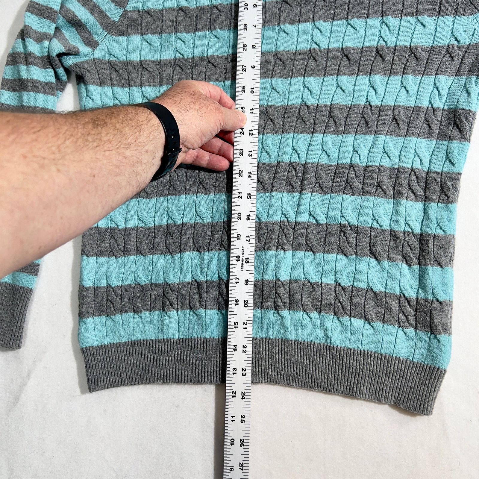 Robert Talbott Sweater Talbots Woman L 30% Lambswool Cable Teal Grey Stripe Size L / US 10 / IT 46 - 9 Thumbnail
