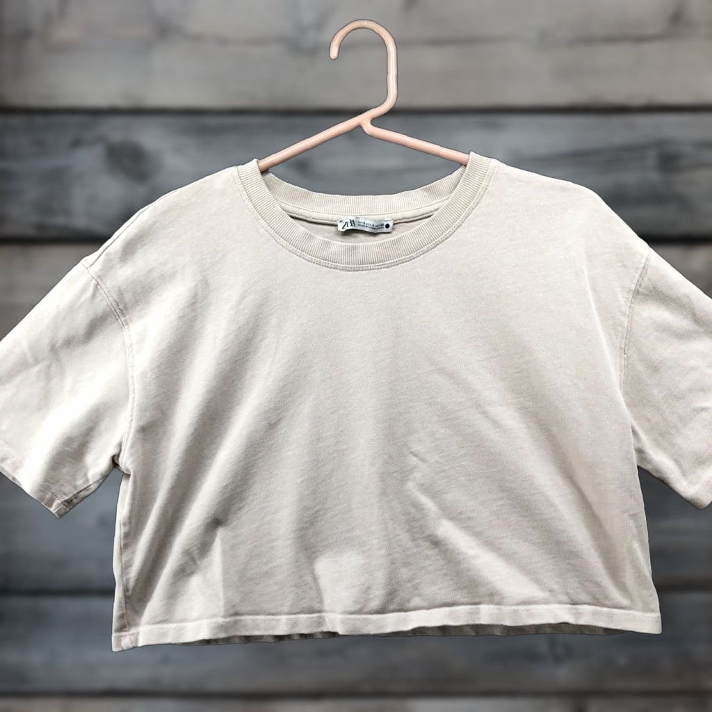 Zara Zara Cropped T Shirt Womens S Beige Short Sleeve Crewneck Cotton Size S / US 4 / IT 40 - 1 Thumbnail