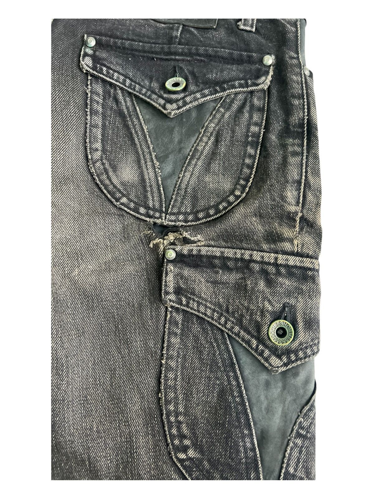 5351 POUR LES HOMMES Y2K Super Flare Dirty Bleach Leather Cargo Mud Wash Jeans Size US 28 / EU 44 - 6 Thumbnail